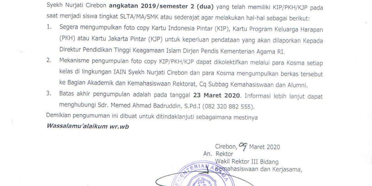 Pengumuman Pengumpulan KIP/PKH/KJP Mahasiswa Angkatan 2019 (Semester 2)