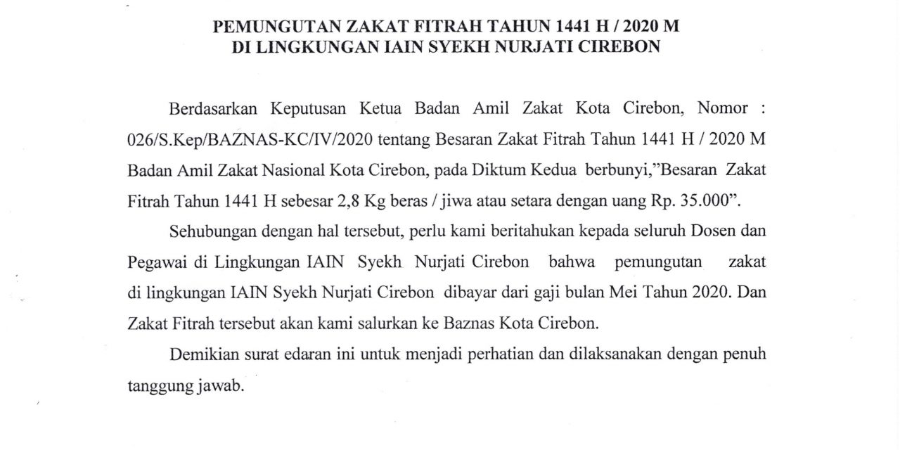 Surat Edaran Rektor, Pemungutan Zakat Fitrah Tahun 1441 H_2020 M