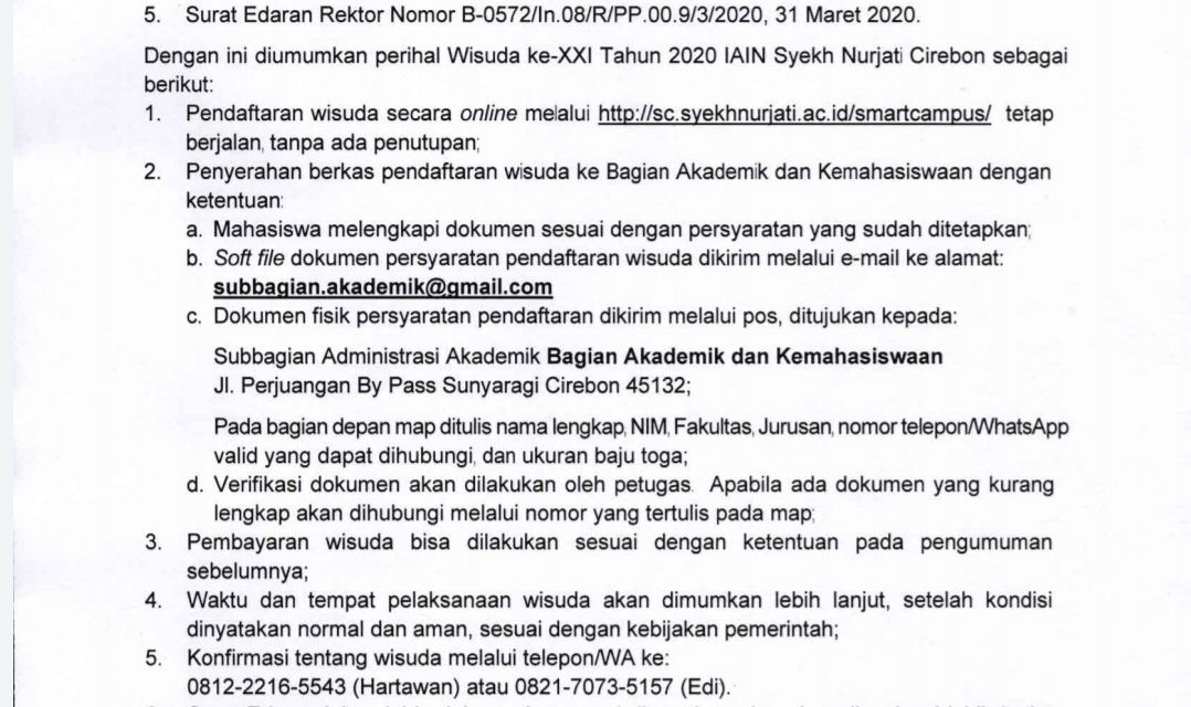 Pengumuman Pelaksanaan Wisuda Tahun 2020 IAIN Syekh Nurjati Cirebon