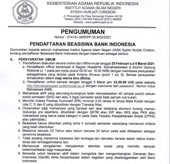 PENGUMUMAN PENDAFTARAN BEASISWA BANK INDONESIA - UIN Siber Syekh ...