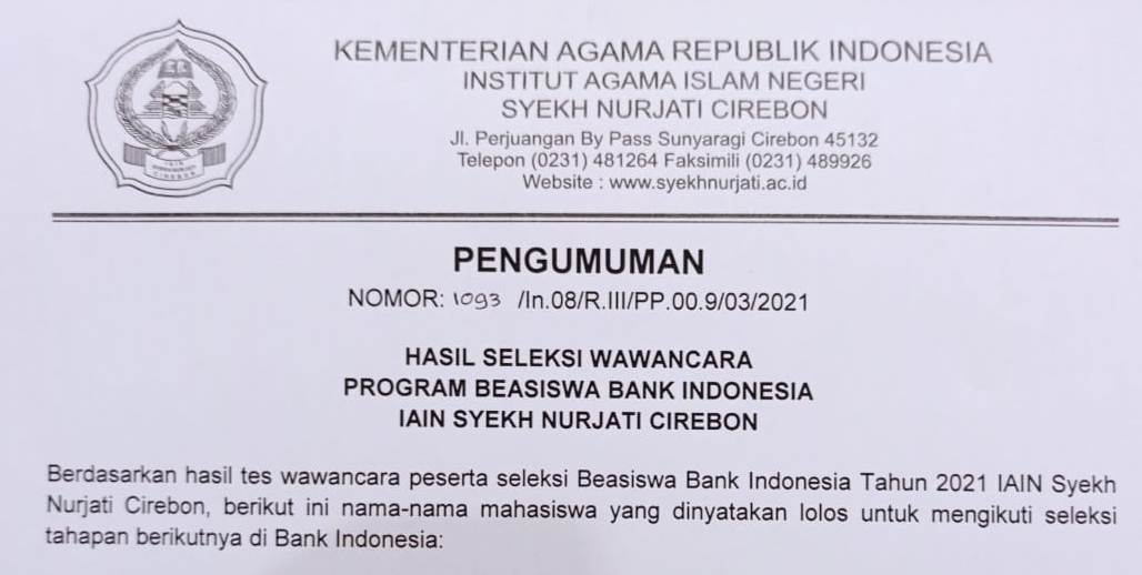 PENGUMUMAN HASIL SELEKSI BEASISWA BI IAIN SYEKH NURJATI CIREBON - UIN ...