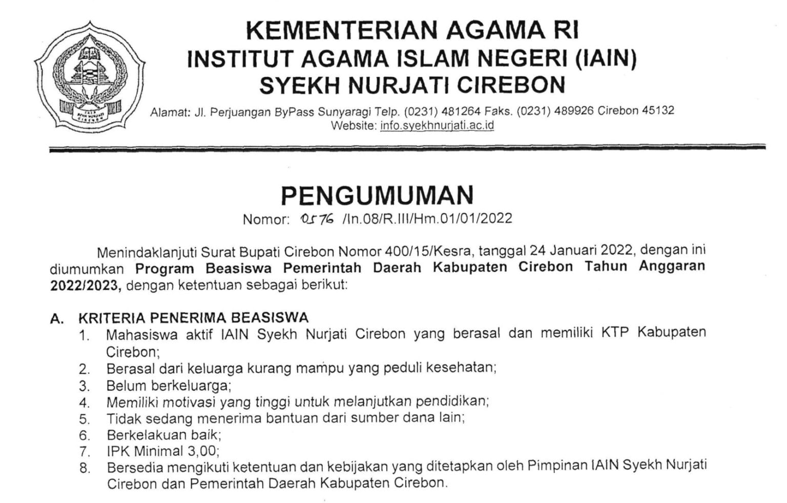 Pengumuman Program Beasiswa Pemerintah Daerah Kabupaten Cirebon Tahun ...