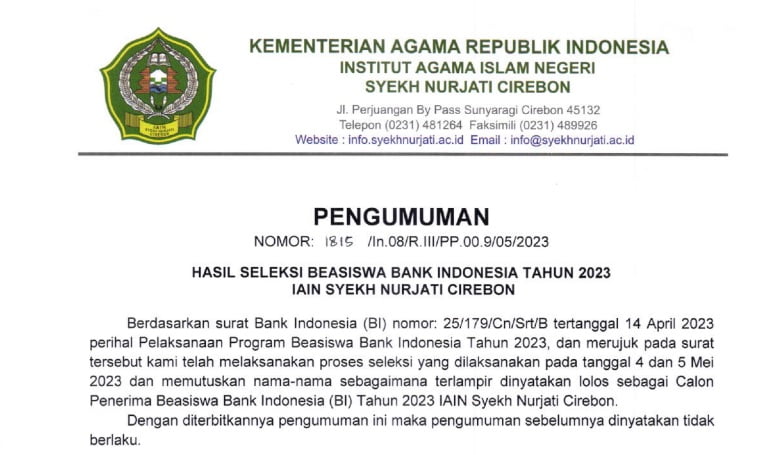 HASIL SELEKSI BEASISWA BANK INDONESIA TAHUN 2023 IAIN SYEKH NURJATI ...